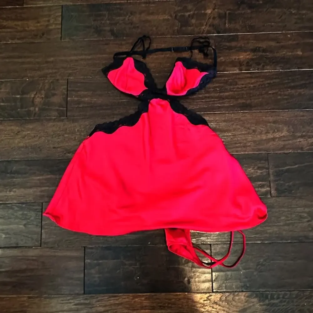 Adore Me Red Satin Black Lace Lingerie Set Babydoll Panty Intimates Large NWT